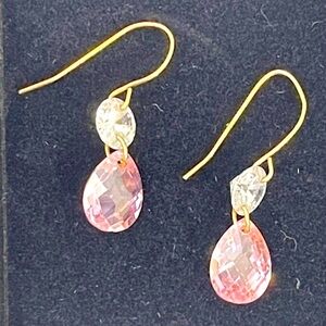 Oval Pink Tear Drop Cut Dangle Earrings Round Faux Diamond Gold Tone Princess